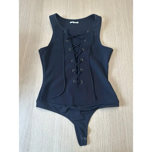 Tularosa Revolve Ribbed Lace Up Nile Bodysuit in Black Size Small 1006 - Picture 3 of 7